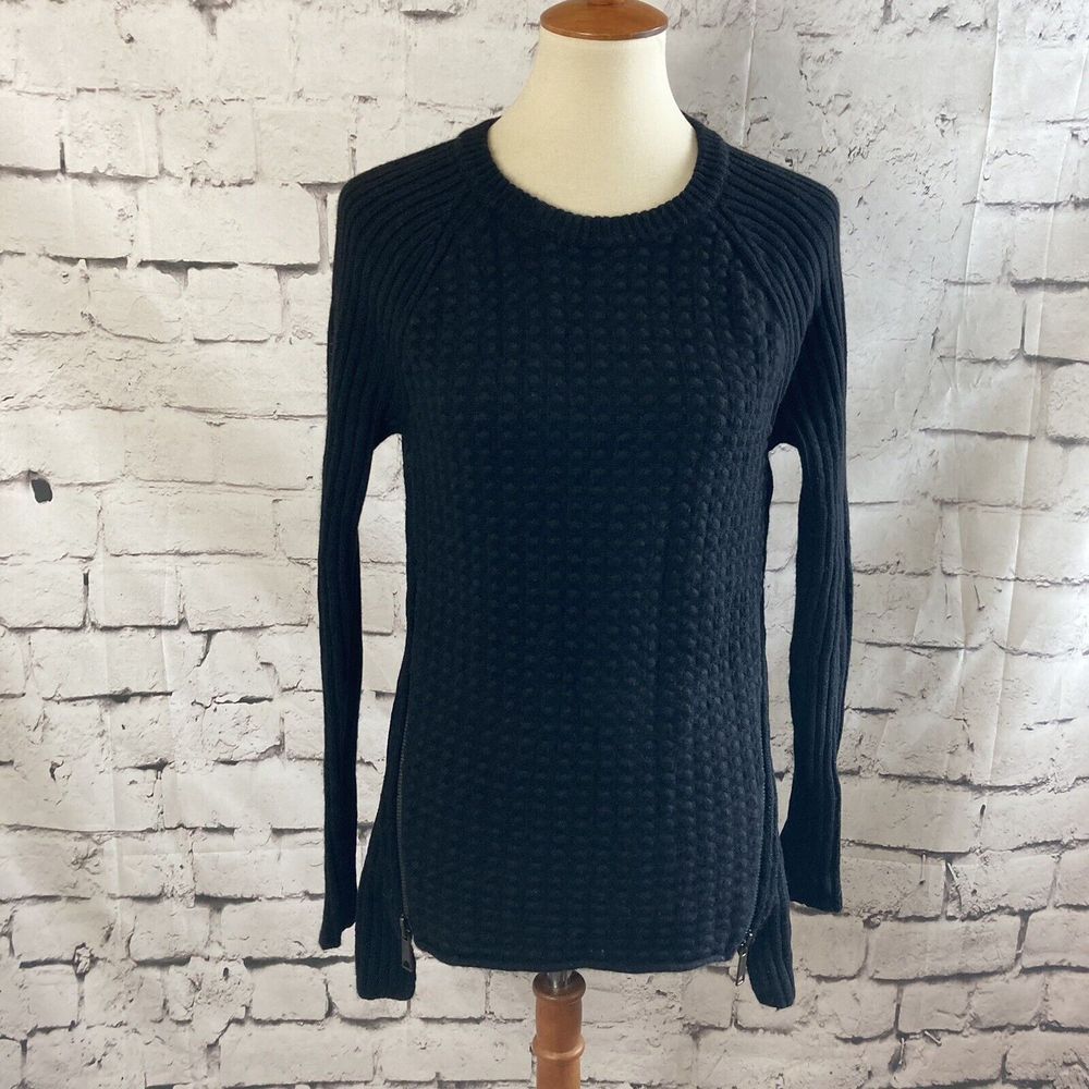 Aqua Sweater Small Popcorn Stitch Black Cashmere Wool Blend Zipper Detail
